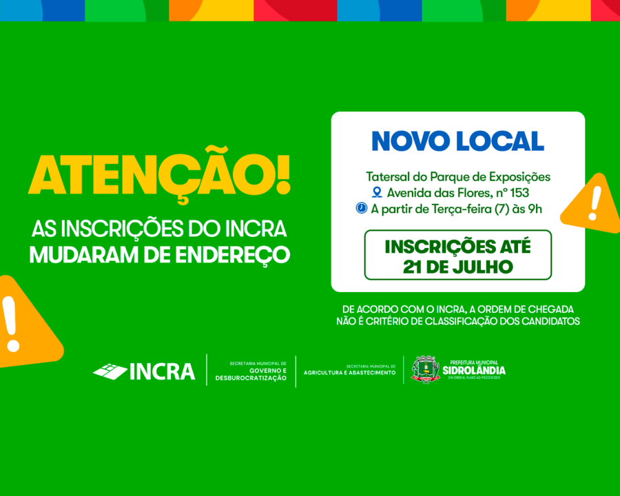 Prefeitura informa mudança no local de atendimento das inscrições do Incra